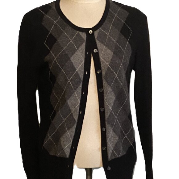EUC APT 9 Black Argyle Cashmere Cardigan Sweater sz M - Picture 1 of 7